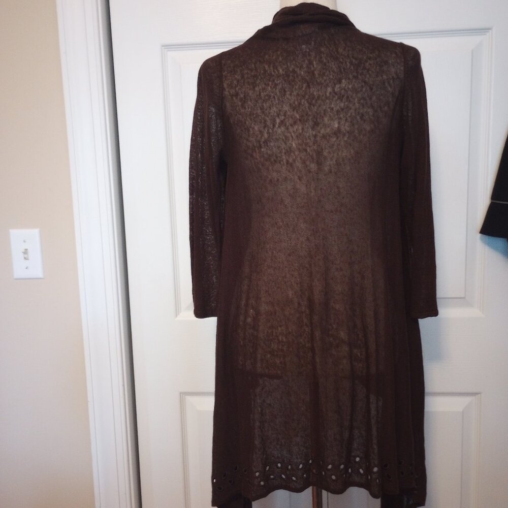 Jones New York Brown Semi-Sheer Linen Blend Open Front Duster Cardigan sz S - Picture 6 of 10